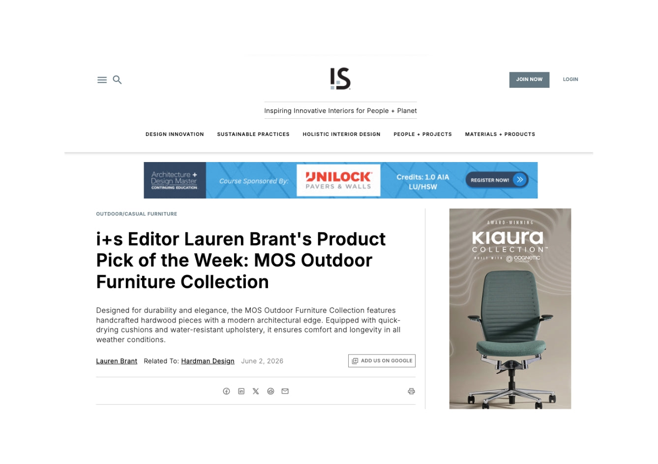 i+s Editor Lauren Brant's Product Pick of the Week: MOS Outdoor Furniture Collection